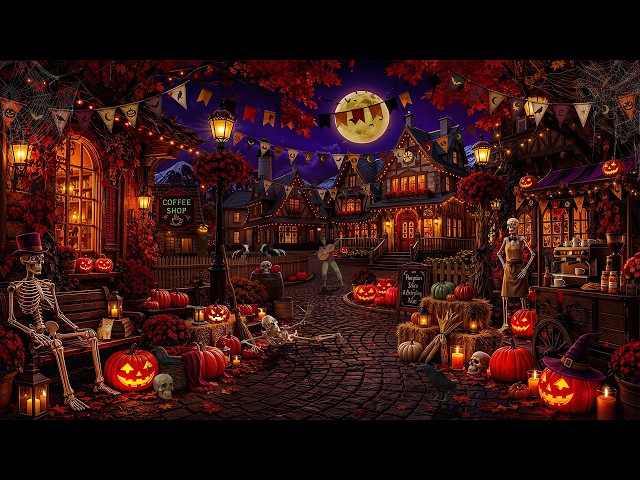 Spooky Autumn Village Coffee Shop 🎃| Best Spooky Halloween Jazz & Night Scary Sounds for Work, Study