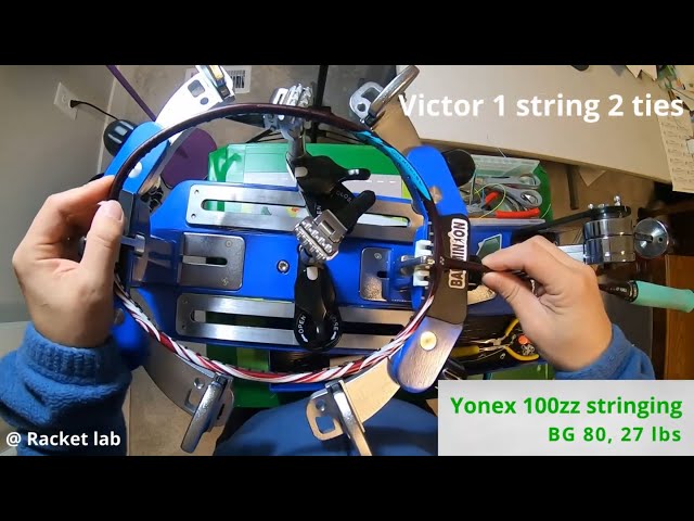 Badminton racket stringing tutorial, hammer machine, YONEX ASTROX 100ZZ, Victor 1 string 2 knots