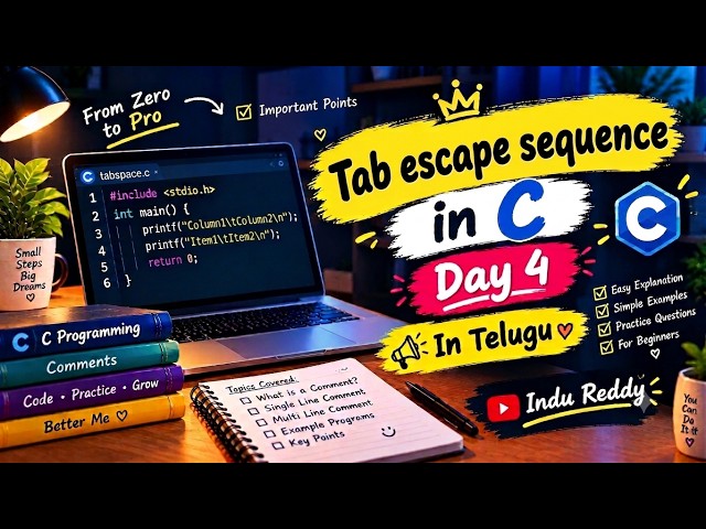 Day - 4|Tab Escape Sequence \t in C | How to Use \t in C Programming | C Programming in Telugu
