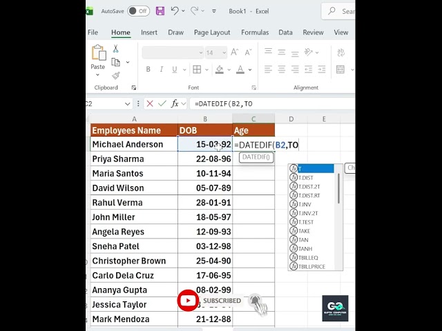 Calculate Age from Date of Birth in Excel 🎂 | DATEDIF Formula #shorts  #excel