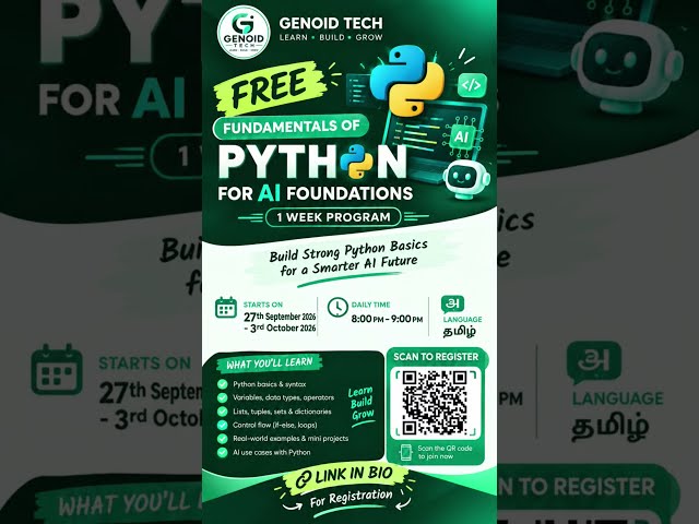 FREE Python for AI 🤖🐍 | 1-Week Tamil Program | Genoid Tech #shorts
