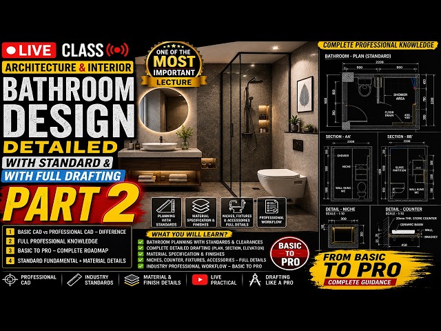 PART 2-Master Interior Design Bathroom Design In Autocad- With Full Drafting- Watch And Learn-