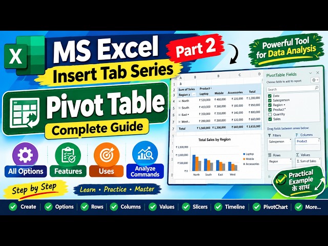 MS Excel Insert Tab Part 2 | Pivot table Complete Tutorial | All Options, Features & Commands