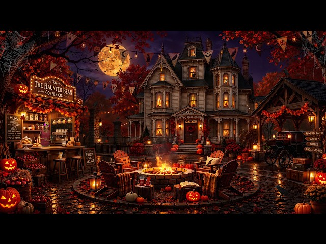Spooky Halloween House Ambience🎃 Scary Halloween Jazz,Pumpkin Glow,Falling Leaves on an Autumn Night