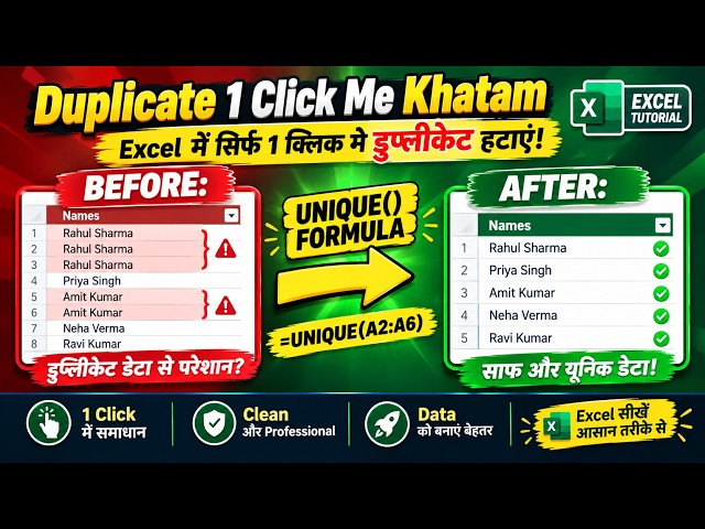 Excel में Duplicate Data 1 Click में हटाएं | UNIQUE Formula | Excel Tips for Beginners