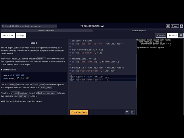 FreeCodeCamp - Python Project  - Step 8 to 8 - Build a Bill Splitter