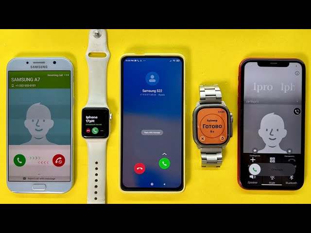 Two Apple Watch Incoming Call, Samsung A7, Xiaomi Mi 9T, IPhone 11