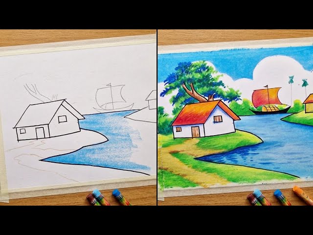 Easy Riverside Village Scene Drawing with Oil Pastels/Step-by-Step Art Tutorial গ্রামের দৃশ্য আঁকা 