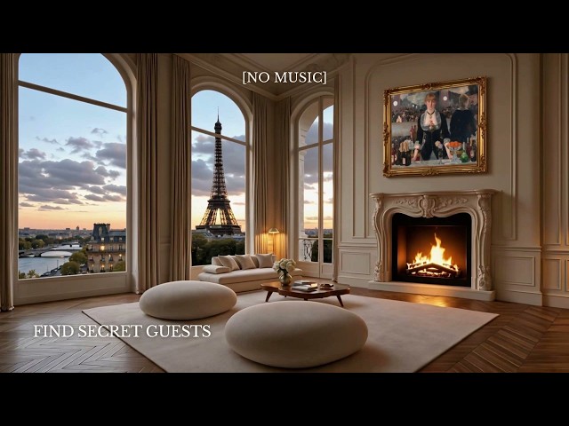 4K Chill Evening in Paris • Cozy Fireplace & Eiffel Tower Sunset View [4 Hours]