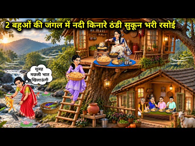 2 बहुओं की जंगल में नदी किनारे ठंडी सुकून भरी रसोई || Cartoon Videos || 2 daughters-in-law's cool a