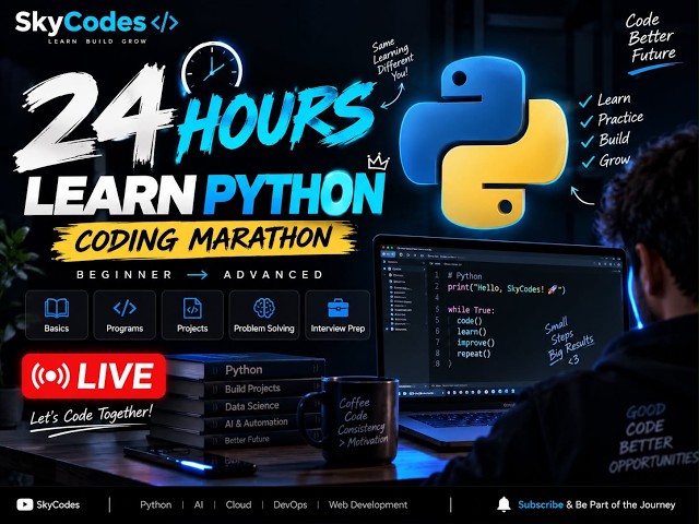 🐍 LEARNING PYTHON LIVE FOR 24 HOURS 🚀 | Beginner to Advanced Python | SkyCodes
