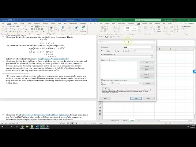 Optimization IX: Solving Nonlinear Programs with Excel Solver GRG Nonlinear