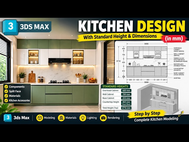 3ds Max Kitchen Design Tutorial | Standard Height & Dimensions in MM | Complete Kitchen Modeling