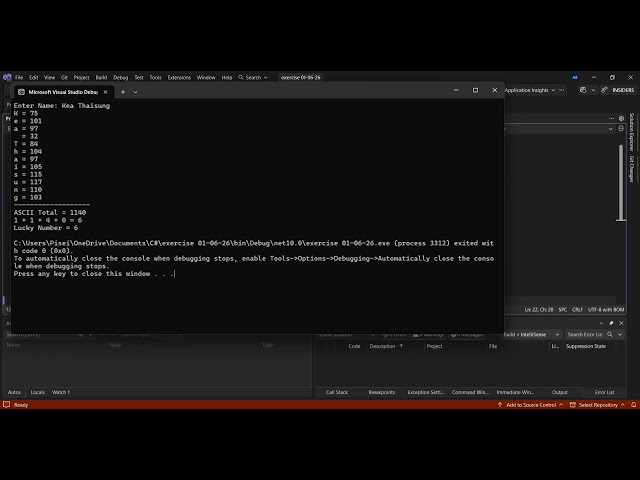 Name: Kea Thaisung, Group: SX13, "Exercise 01-06-26" C#