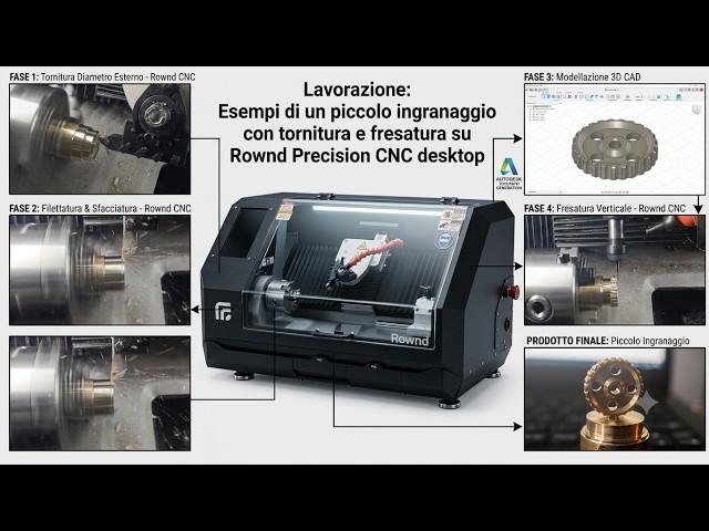 Lavorazione esempio di un piccolo ingranaggio, tornitura e fresatura su Rownd Precision CNC desktop