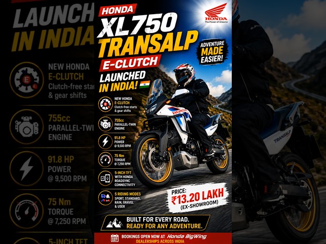 Honda XL750 Transalp E-Clutch Launched in India 🇮🇳 | ₹13.20 Lakh | 755cc Adventure Bike 🔥