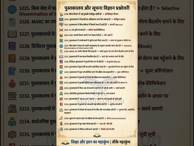 पुस्तकालय विज्ञान के प्रश्न 😱 | लाइब्रेरी साइंस क्वेश्चन आंसर #libraryscience #librarianexam