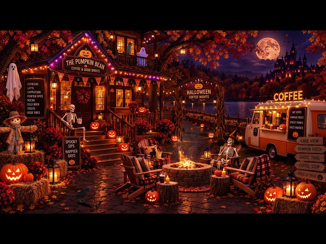 A Cozy Halloween Night at the Lakeside Coffeehouse🎃Autumn Jazz,Pumpkin & Fireplace Crackle to Unwind