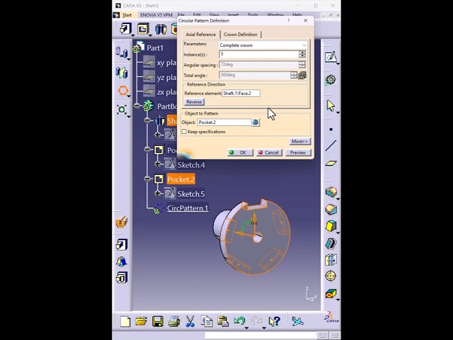 Circular Pattern and Pocket in CATIA V5 | Repeated Cuts #shorts