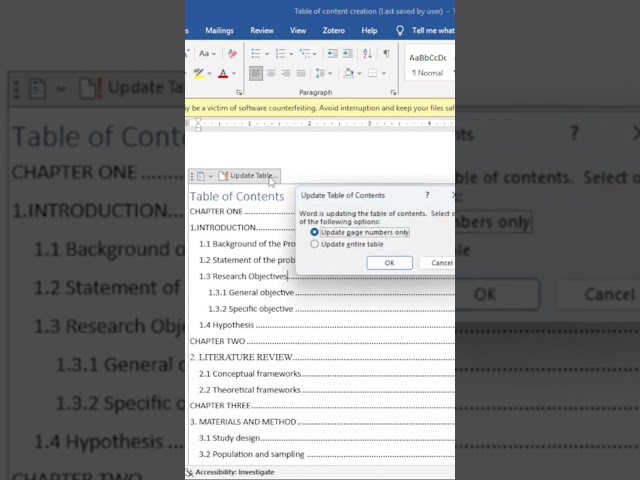 How to Insert an Automatic Table of Contents in Word| Step by Step  #shorts #tutorial