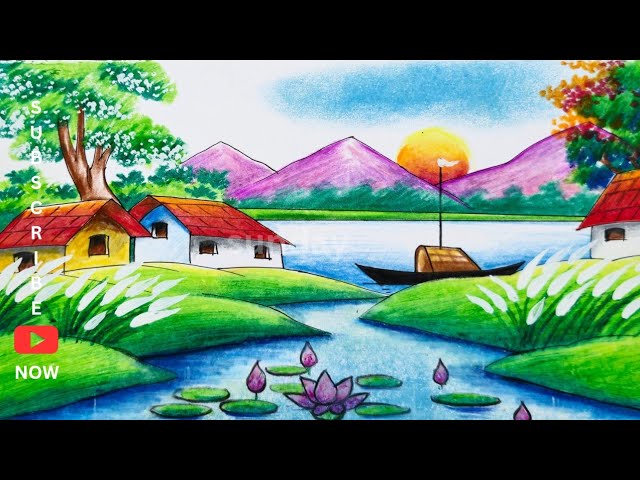 শরৎকাল আঁকা/Riverside Autumn scenery drawing/Hillside Autumn Sunset Village scene drawing