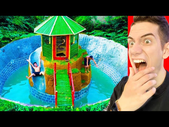 PRIMITIVE BUILD SECRET UNDERGROUND SWIMMING POOL WATER SLIDE HOUSE! *Try Not To Say WOW Challenge*