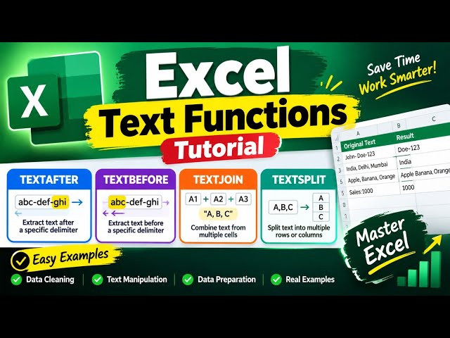 Excel Text Functions Tutorial | TEXTAFTER, TEXTBEFORE, TEXTJOIN & TEXTSPLIT