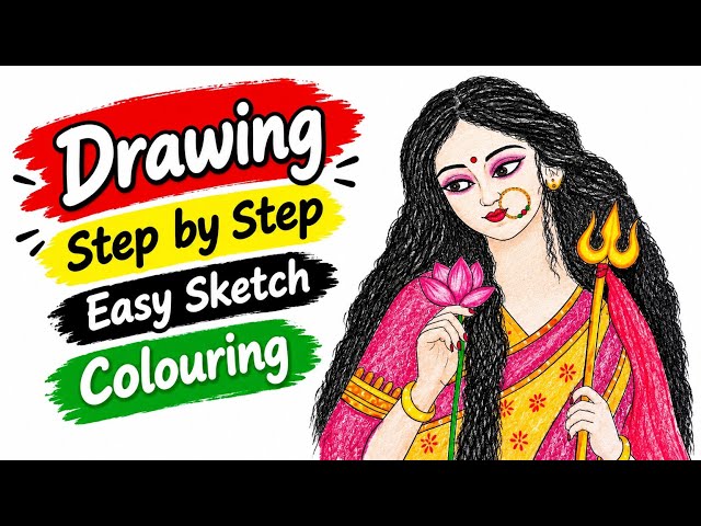 Maa Durga Pencil Colour Drawing🌺🫰🏻|Easy Step by Step Durga Maa SketchTutorial#art#durgapuja #drawing