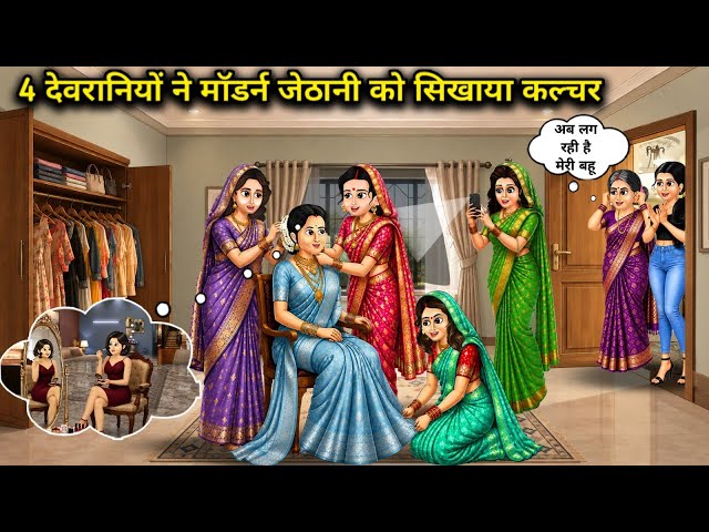 4 देवरानियों ने मॉडर्न जेठानी को सिखाया कल्चर || Cartoon Videos || Four younger sil taught their mod