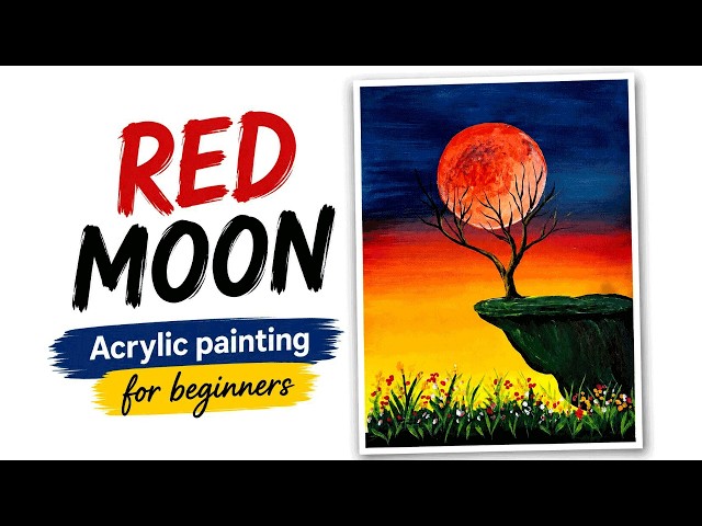Easy Acrylic Red Moon Landscape Painting for Beginners | Step-by-Step Tutorial