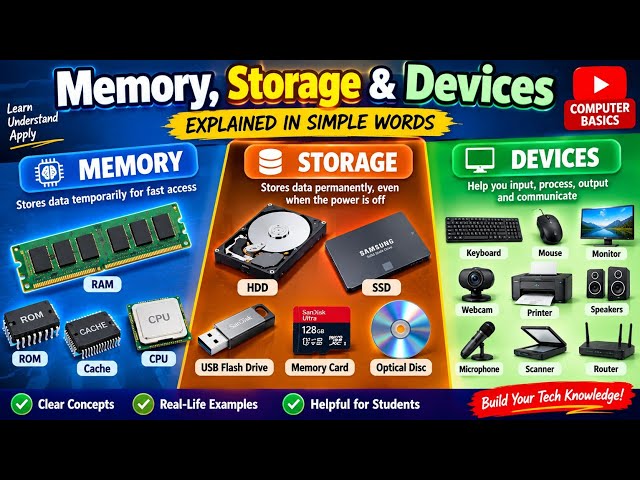 Memory, Storage & Devices | Computer Basics | RAM, ROM, HDD, SSD & Input/Output Devices