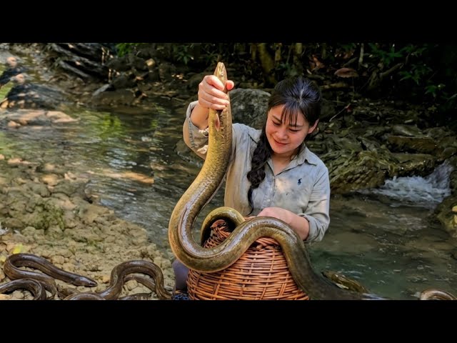 Catching a giant, scaleless fish in the primeval forest—selling the fish to pay for a son's tuition.