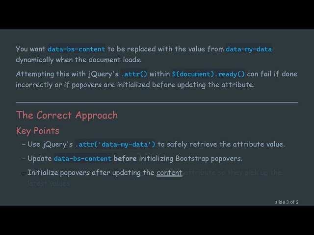 How to Set data-bs-content Attribute from Another Attribute with jQuery and Bootstrap Popovers