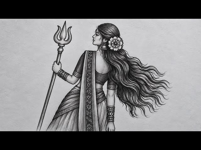 Maa Durga Pencil Sketch Drawing | Easy Step by Step Goddess Durga Drawing | Mahadev Trishul Drawing