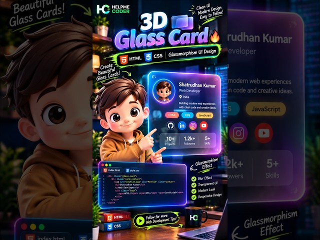 3D Glass Card 🔥 | HTML & CSS | Glassmorphism UI Design 💻✨ #shorts