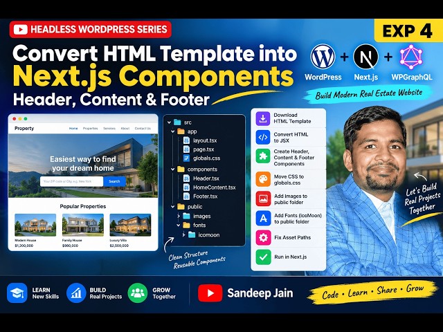 Convert HTML Template into Next js Components | Header, Content & Footer | Exp 4