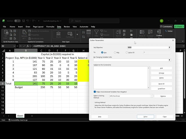 Ch06 08 MILP   Project Selection   Excel Model