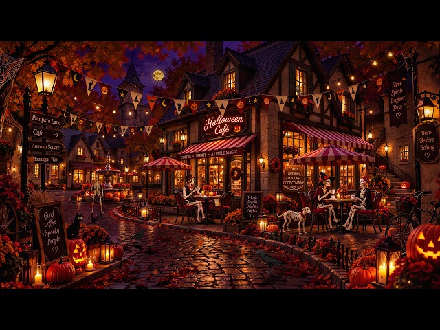 Deep Sleep in a Pumpkin-Lit Village Cafe 🎃 Cozy Halloween Jazz,Crunchy Leaves & Magical Autumn Night