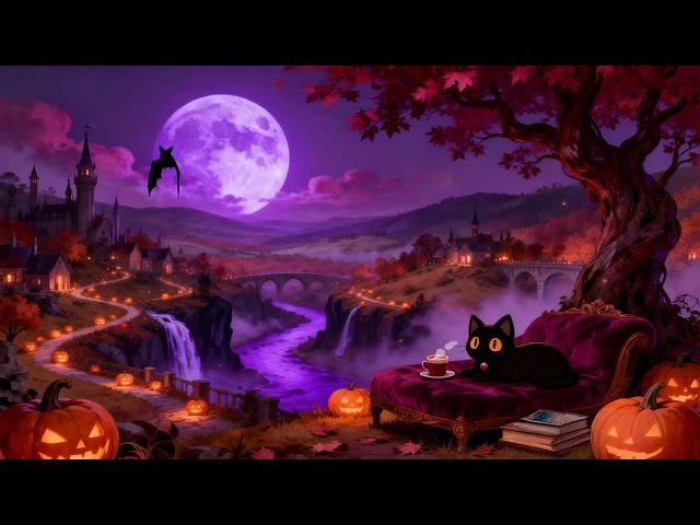 Halloween Moon Village 🌕 Lofi Cat | Relaxing Lofi Music [ Glowing Pumpkins & Autumn Night]