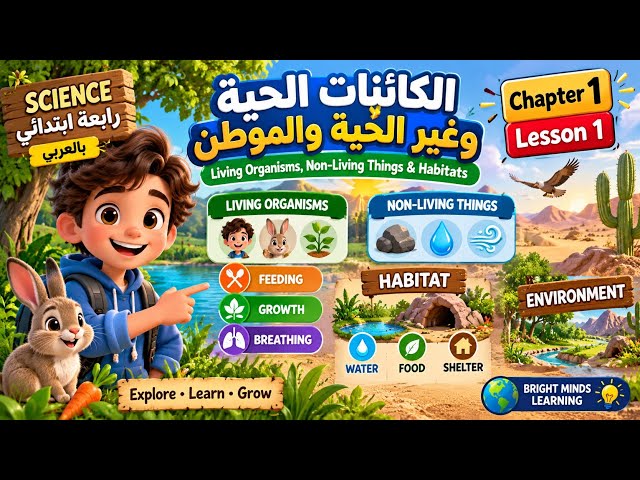 علوم رابعة ابتدائي | الوحدة/Chapter 1 الدرس الأول | الكائنات الحية وغير الحية والموطن | Science