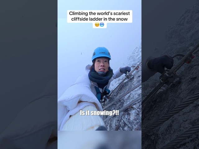 On the world’s scariest cliffside ladder in the snow 😵‍💫🥶🇨🇳 #mountains #china #chinatravel