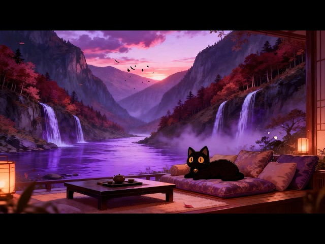 Magical Autumn Waterfall 🌙 Lofi Cat | Deep Sleep Lofi [Misty Valley & Soft Nature Sounds]