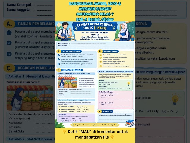 Rangkuman Materi, LKPD & Asesmen Sumatif Kelas 7 Matematika BAB 4 Bentuk Aljabar