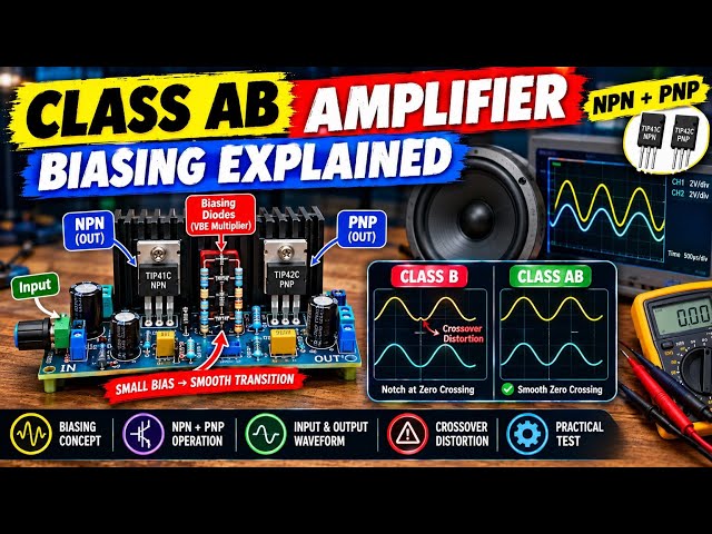 Class AB Amplifier Biasing Explained | Crossover Distortion & Practical Test