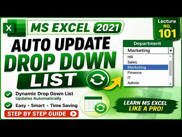 How to Create a Dynamic Drop Down List in Excel | Auto Update Drop Down List  Excel 2021 Lecture 101