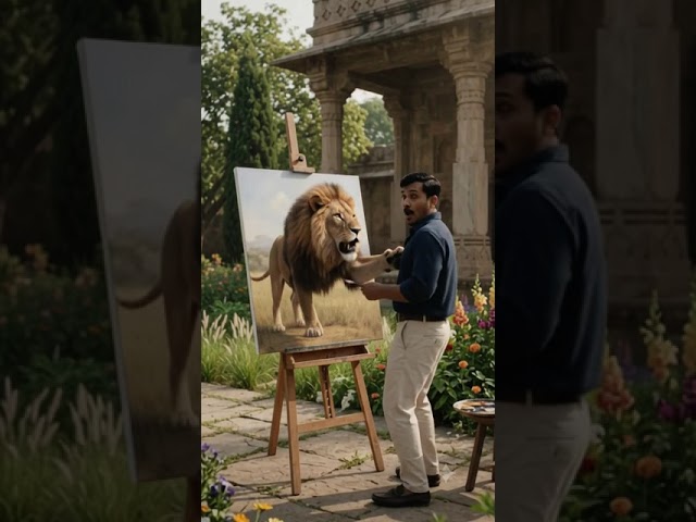 Painter pulled into lion painting