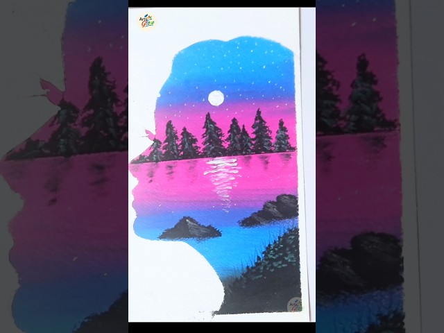 Magical Moonlight Lake Painting  Easy Night Scenery Drawing #Shorts
