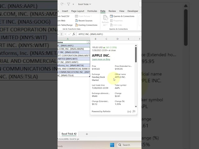 Excel Trick 42 - Get LIVE Stock Data in MS Excel Using Stocks Datatype #shorts