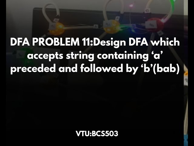 DFA PROBLEM 11:Design DFA which accepts string containing ‘a’ preceded and followed by ‘b’(bab)