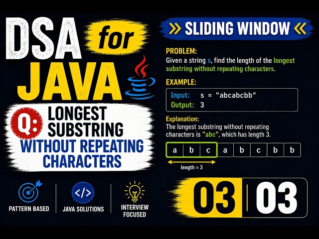 DSA for Java 03 03 | Longest Substring Without Repeating Characters | LeetCode 3 | Part 1